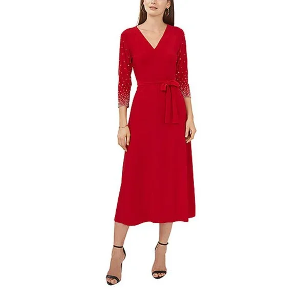 Msk Womens Petites Beaded Mid Calf Midi Dress Red PM